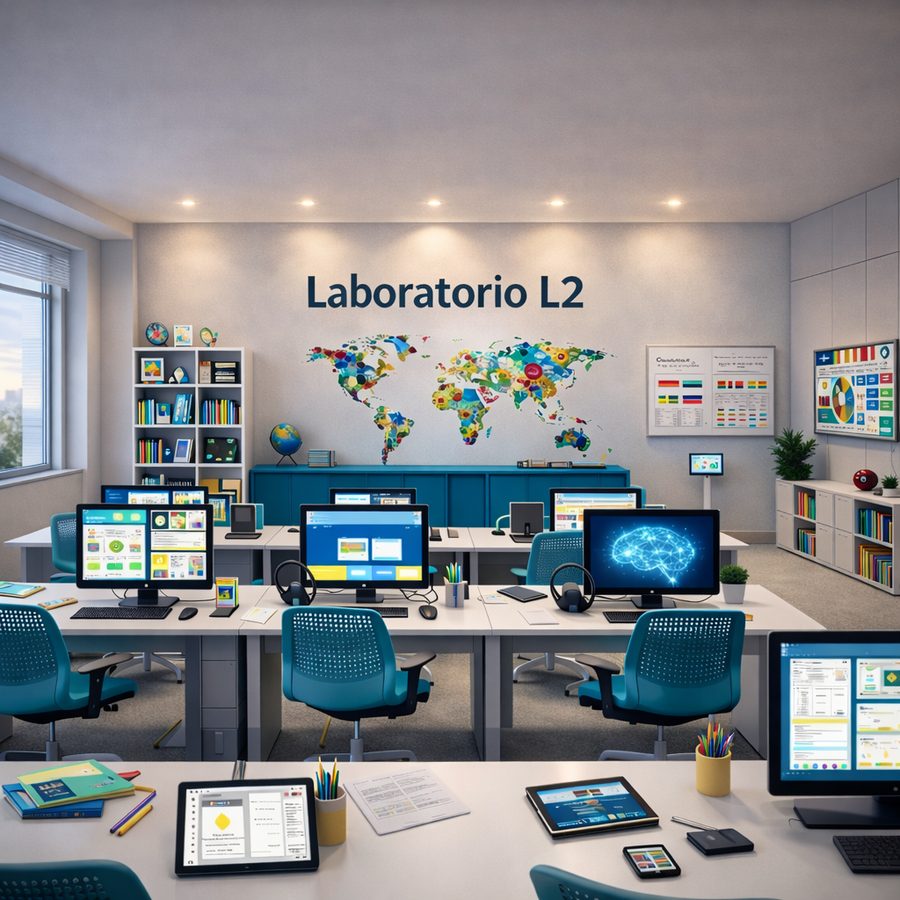 A modern language classroom with computers — the Laboratorio L2 concept