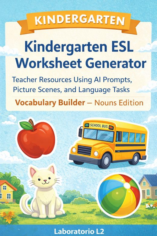 Cover: Kindergarten ESL Worksheet Generator — Nouns Edition